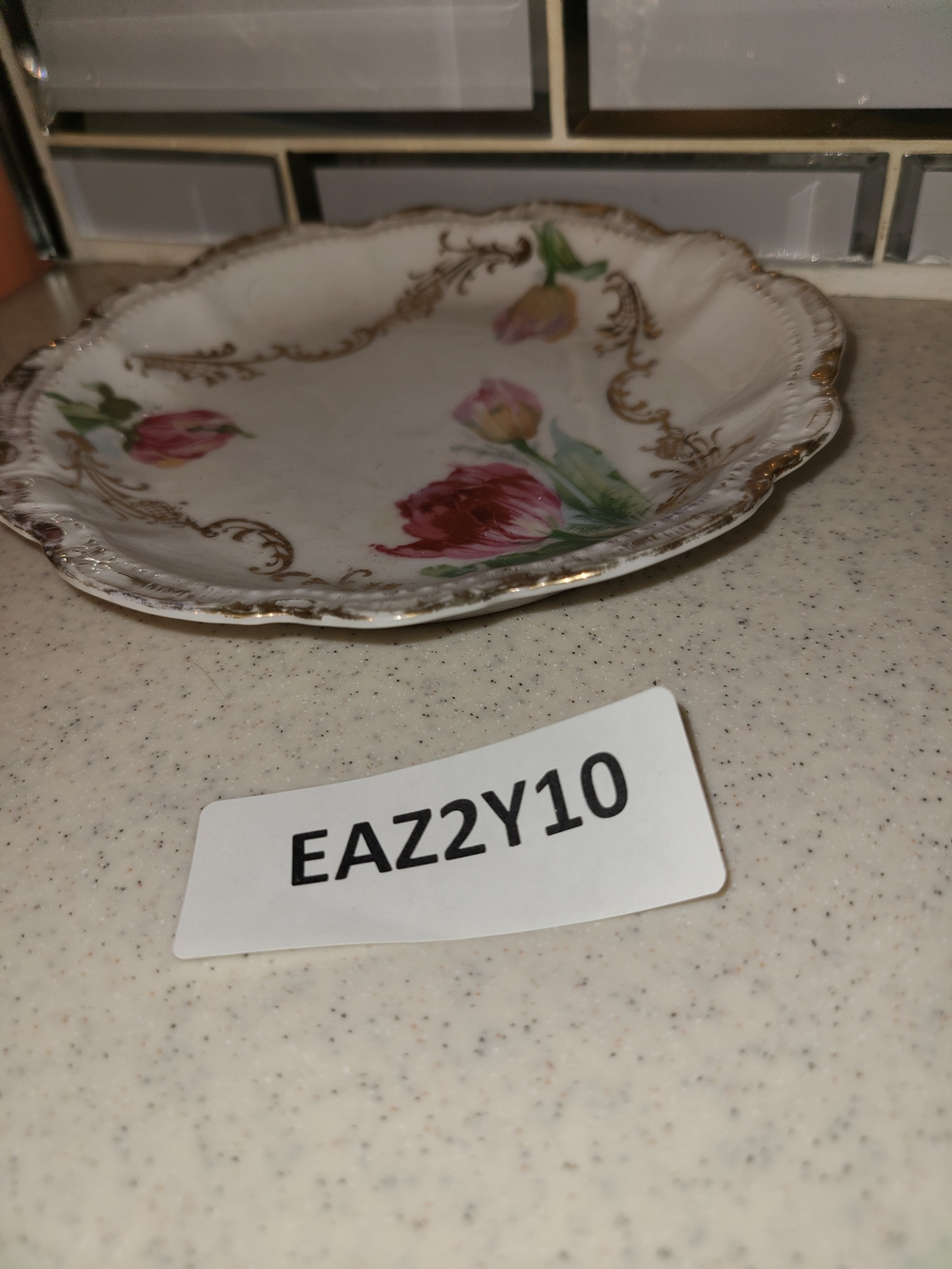 Vintage Floral Porcelain Dish with Gold Trim - White, Pink, Green